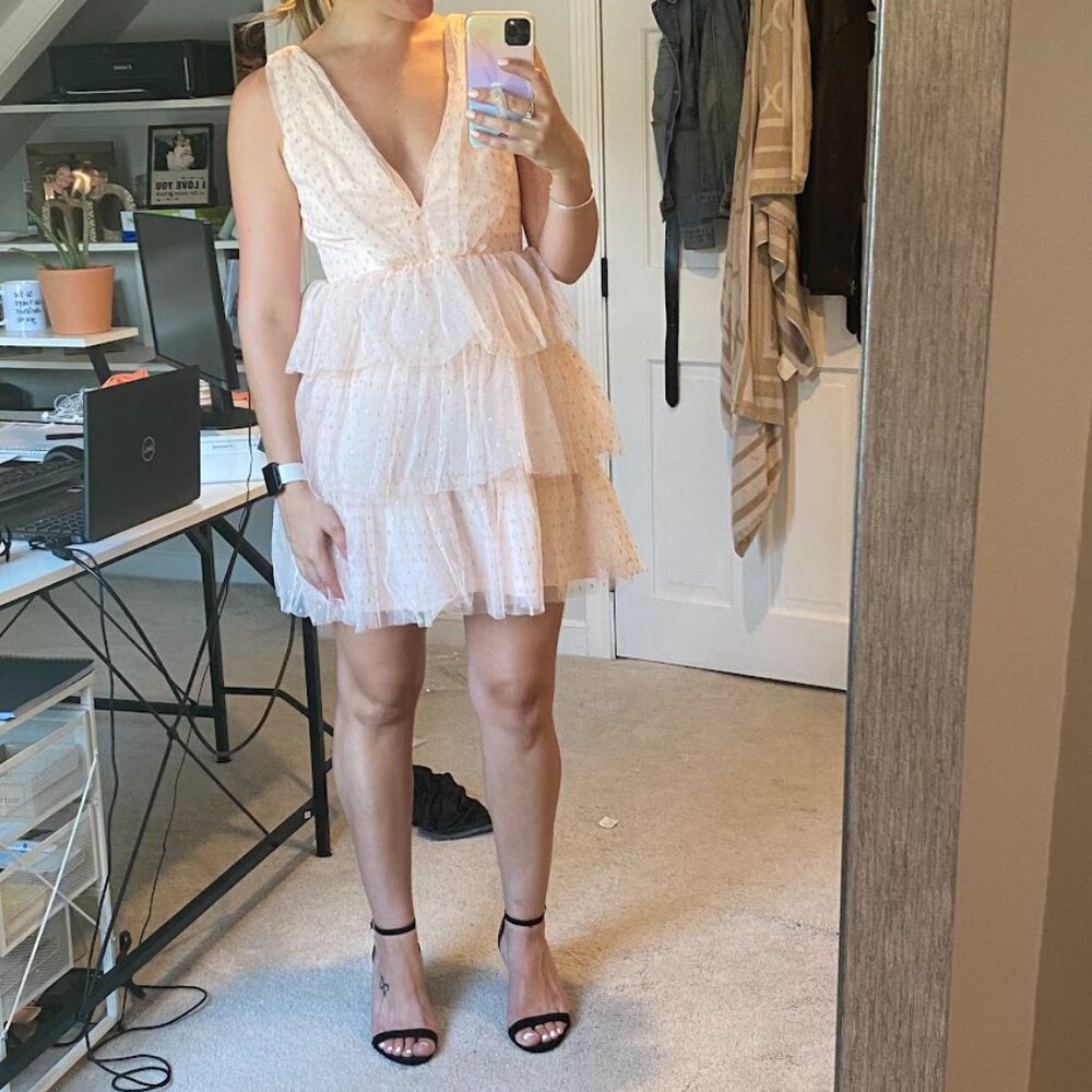 Lulu’s Blush Pink with Gold Dots Tiered Sleeveless Tulle Mini Dress